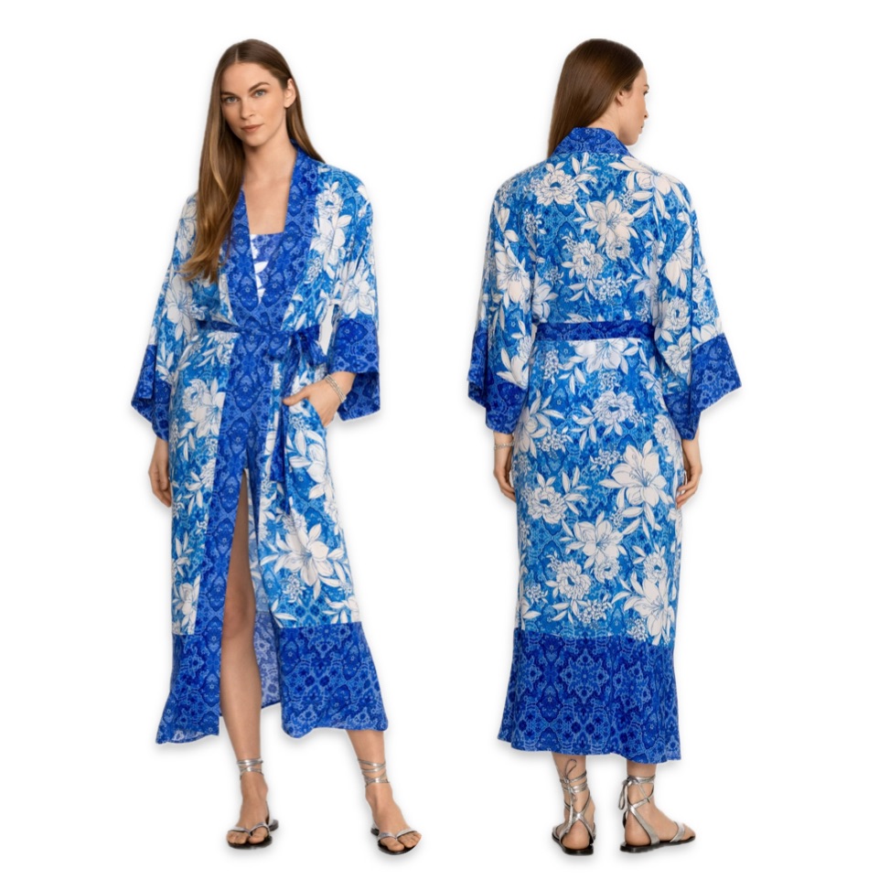 Johnny Was Blue Floral Robe Medium Stunning Silky Sexy